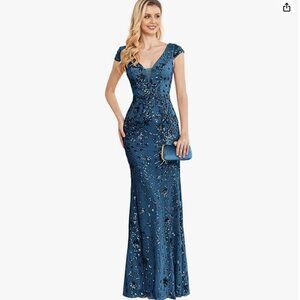 XUIBOL Sequin Double V-Neck Sleeveless Mermaid Long Evening Dress (Teal, XL)